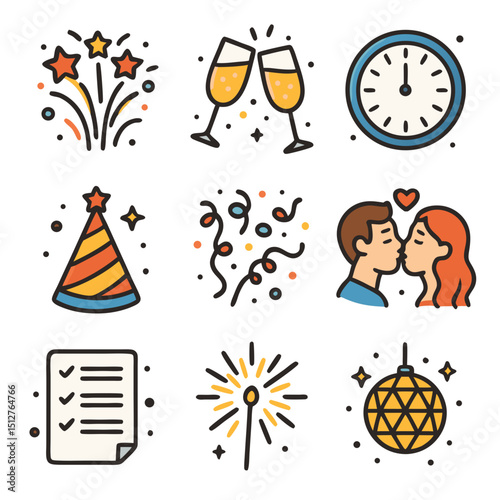 New Years Eve celebrations with fireworks and disco ball icons. Perfect for holiday party invitations, social media posts, or event promotions.