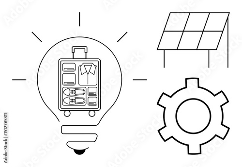 Light bulb housing luggage, solar panel, and gear emphasize sustainable innovation. Ideal for eco-travel, clean energy, technology, green solutions, modern ideas, sustainability simple landing page