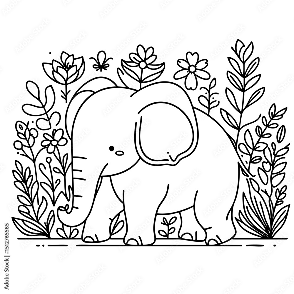 Obraz premium Adorable Elephant in a Flower Garden Line Art Drawing