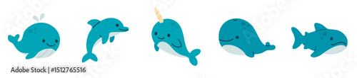 Blue-toned marine mammals horizontal set with whales, narwhal, dolphin, and shark with soft, rounded design