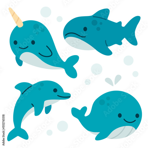 Friendly blue marine animals including narwhal, dolphin, whale, and shark arranged in a square sea life set