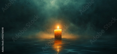 Solitary Candle Flame Reflecting on Dark Water, Moody Atmosphere