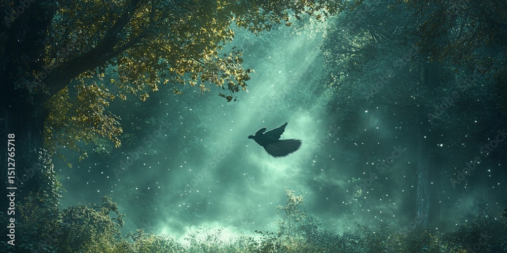 Obraz premium Solitary bird soars through a mystical forest illuminated by ethereal light