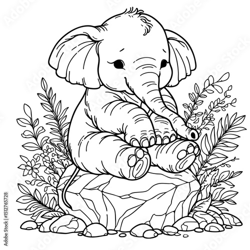 Adorable Baby Elephant Coloring Page  Line Art of a Charming Young Elephant Sitting on a Rock