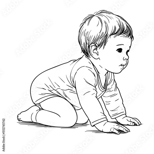 Adorable Baby Crawling  A Black and White Line Art Illustration of a Cute Infant