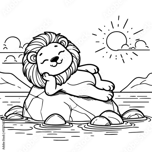 Cute Lion Cub Relaxing on a Rock by the Water, Sunny Day