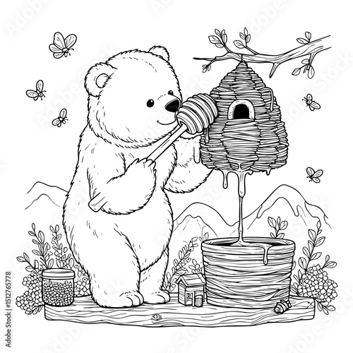 Adorable Bear with Honeycomb  A Cute Coloring Page Illustration