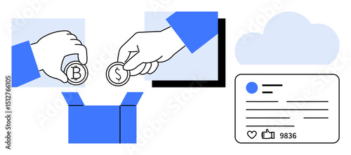 Hands inserting Bitcoin and Dollar coins into a box, a social profile with interactions, and a cloud. Ideal for finance, donation, saving, crowdfunding, cryptocurrency, social media simple landing