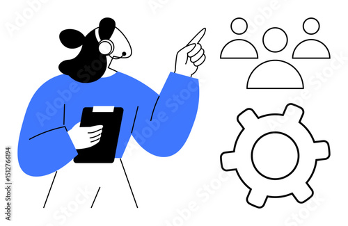 Headset-wearing woman holding a clipboard and pointing, with team and gear icons. Ideal for teamwork, management, communication, customer support, call center, decision-making, flat simple metaphor
