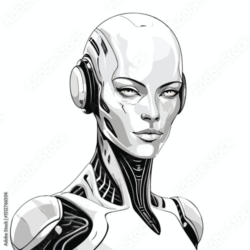 High-Quality Black and White Humanoid Robot Avatar Vector Illustration for Technology Websites and Science Fiction Publications