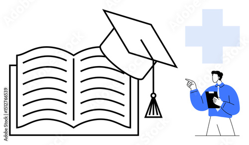 Open book with graduation cap symbolizing education and learning. Person holding clipboard pointing towards goals. Ideal for guidance, teaching, academic success, mentorship, knowledge, career, flat