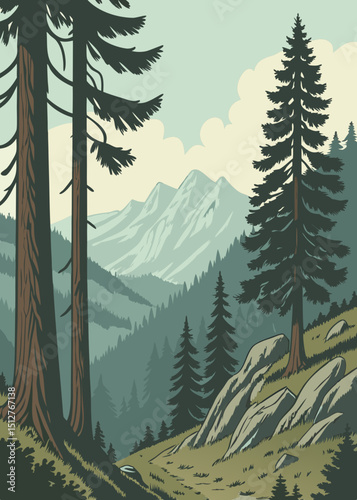Vintage Style Mountain Landscape Illustration with Evergreen Trees and Rocky Terrain Perfect for Outdoor Adventure Travel or Nature Themed Projects with a Retro Aesthetic