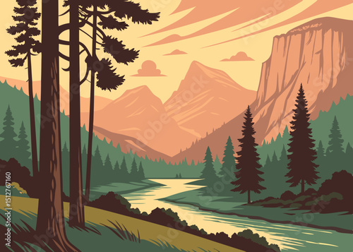 Stylized Landscape Illustration of a Mountain River Valley with Evergreen Trees Cliffs and a Warm Sky Evoking a Sense of Adventure and Natural Beauty in a Retro Style