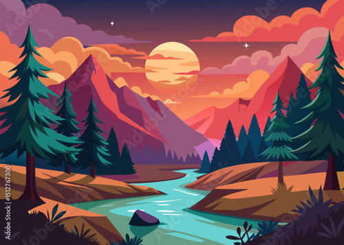Vibrant Mountain Landscape with River and Sunset a stylized vector illustration featuring majestic mountains a winding river lush pine trees and a colorful sunset sky with clouds and a star