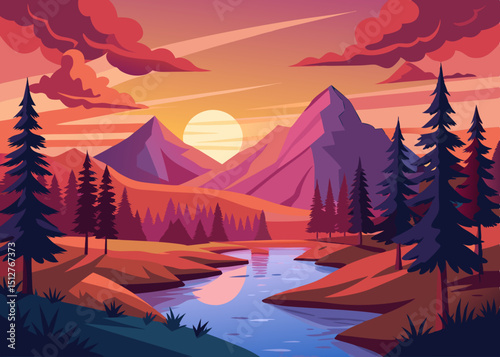 Colorful Mountain Landscape Illustration with River and Sunset a stylized vector illustration with a vibrant color palette perfect for backgrounds posters or digital art projects and scenic views