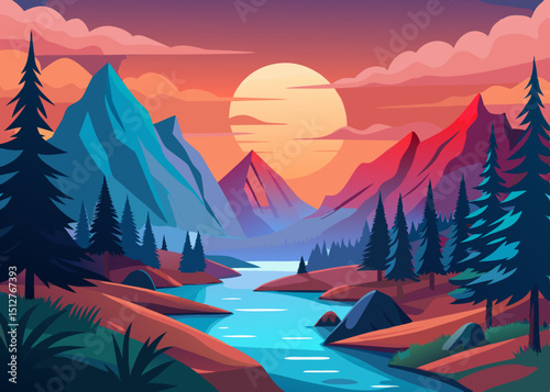 Colorful Mountain Landscape with River and Sunset Vector Illustration Ideal for nature lovers travel enthusiasts and designers seeking vibrant and serene backgrounds