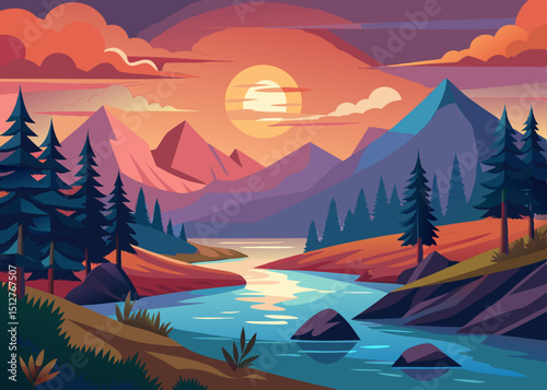 Stylized Mountain Landscape at Sunset with River and Trees a serene and colorful vector illustration of nature perfect for backgrounds posters or digital art projects with a peaceful vibe