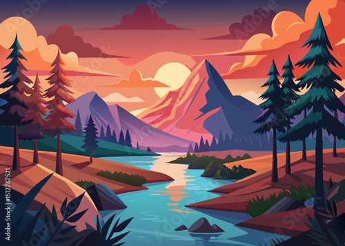 Vibrant Mountain Landscape Illustration with River and Sunset featuring stylized trees colorful sky and a serene atmosphere perfect for backgrounds or creative projects vector art