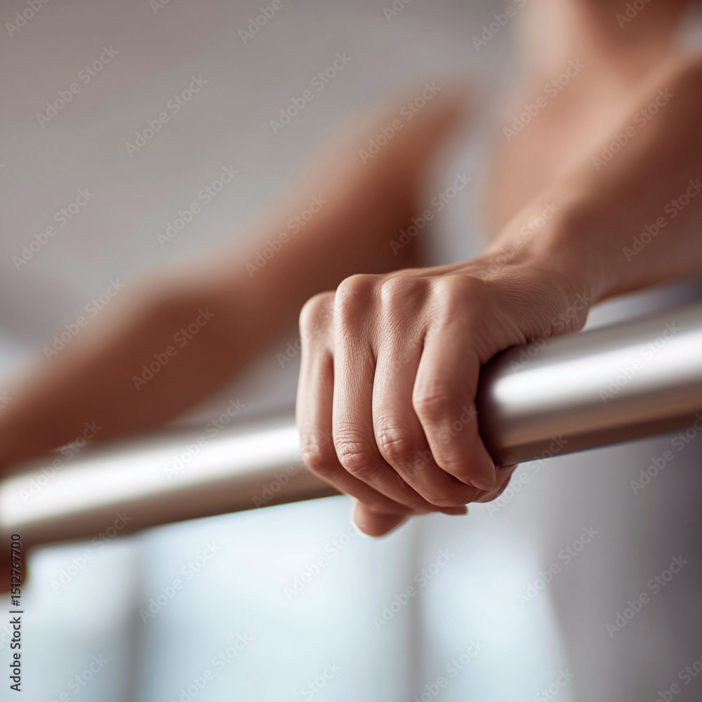Obraz premium Closeup of a womans hand gripping a metal bar, conveying strength, control, and determination. Evokes themes of fitness, health, and resilience. Ideal for wellness lifestyle.