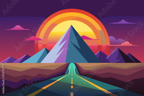 Stylized Mountain Landscape with Road and Sunset Featuring Geometric Shapes and Vibrant Colors Suitable for Travel Adventure or Nature Themed Designs with a Modern and Artistic Aesthetic