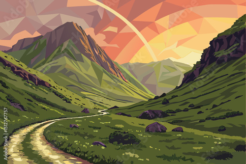 Low Poly Mountain Valley Landscape with Winding Road Green Grass and a Colorful Sky at Sunset creating a serene and artistic outdoor scene with geometric shapes