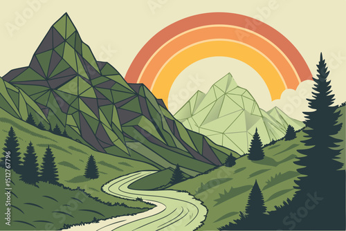 Geometric Mountain Landscape with River and Rainbow Illustration featuring a stylized mountain range winding river evergreen trees and a retro inspired rainbow against a neutral background vector art