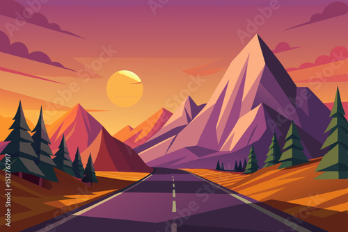 Scenic Mountain Road at Sunset with Geometric Style featuring a winding highway leading towards majestic peaks under a warm colorful sky creating a sense of adventure and tranquility