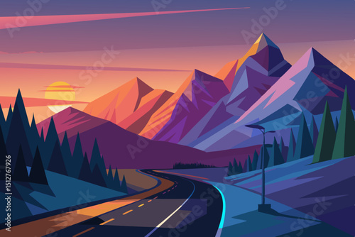 Vector Illustration of a Mountain Road at Sunset Featuring a Winding Asphalt Road Evergreen Trees and a Vibrant Sky with Shades of Orange Purple and Blue