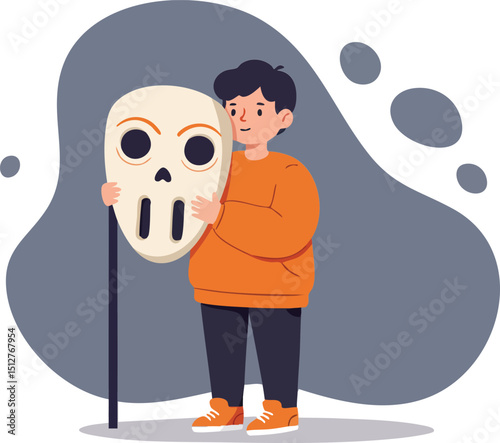 Child holding ghost mask Halloween costume standing near pole with dark background vector illustration 