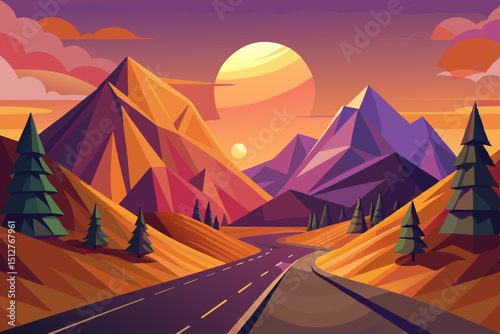 Stylized Mountain Landscape with Road at Sunset Featuring Geometric Shapes and Warm Colors Perfect for Travel Adventure or Nature Themed Designs and Backgrounds with a Modern Aesthetic
