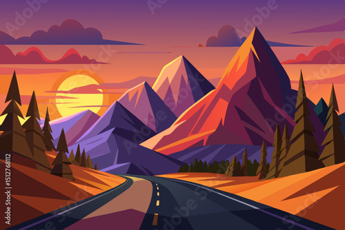 Scenic Mountain Road at Sunset with Stylized Landscape and Vibrant Colors Featuring a Winding Road Leading to Majestic Peaks and a Colorful Sky