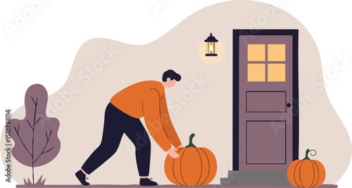 Man placing large pumpkin outside house door for autumn decoration vector illustration 
