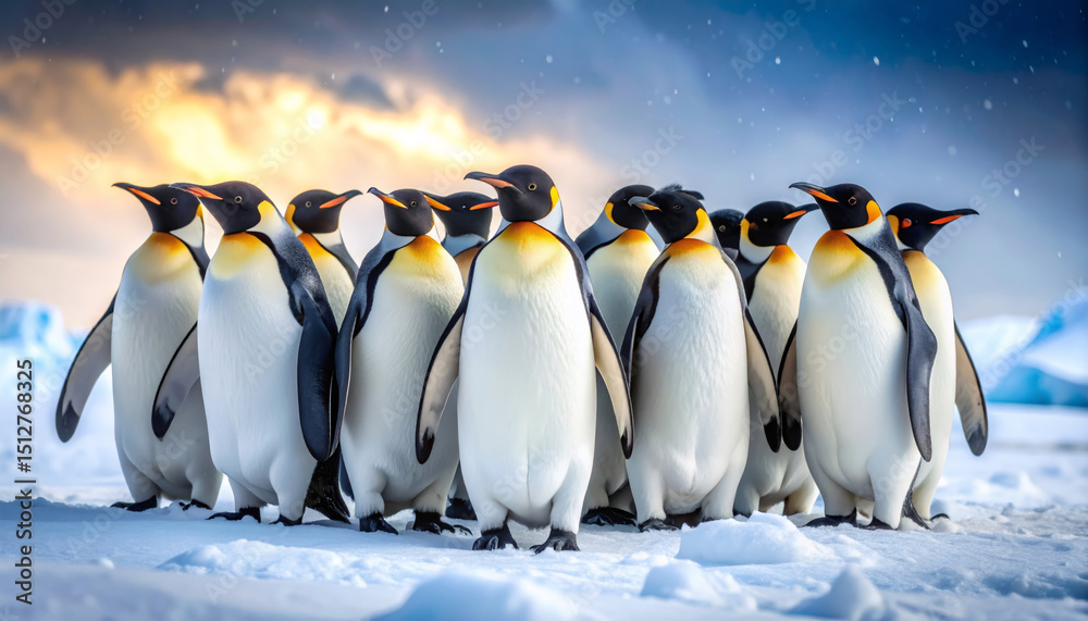 Fototapeta premium Group of penguins in winter environment snowy with ice