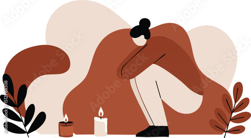 Woman with long hair sitting near candles and plants in calm meditative pose vector illustration 