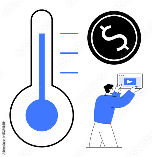 Thermometer tracking progress, dollar coin symbolizing financial goal, person holding screen with video content. Ideal for crowdfunding, charity, finance, marketing, education, teamwork simple