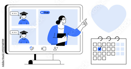 Teacher engaging with students via a live online session, a calendar with marked dates, and a heart symbolizing learning passion. Ideal for education, e-learning, schedules, remote teaching