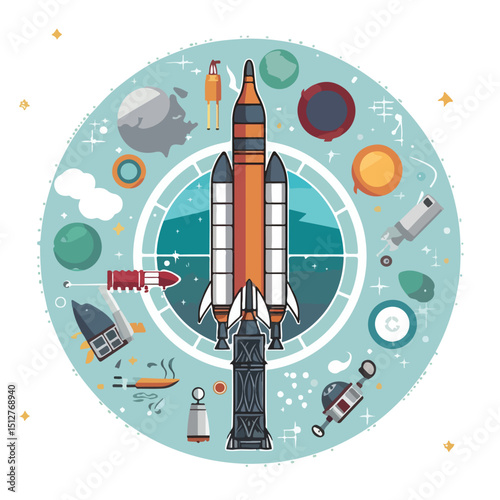Innovative Rocket with Science Related Icons Image Vector Illustration