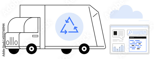Recycling truck featuring sustainability triangle, digital dashboard analyzing data, and cloud. Ideal for waste management, sustainability, logistics, technology, data, environment simple landing