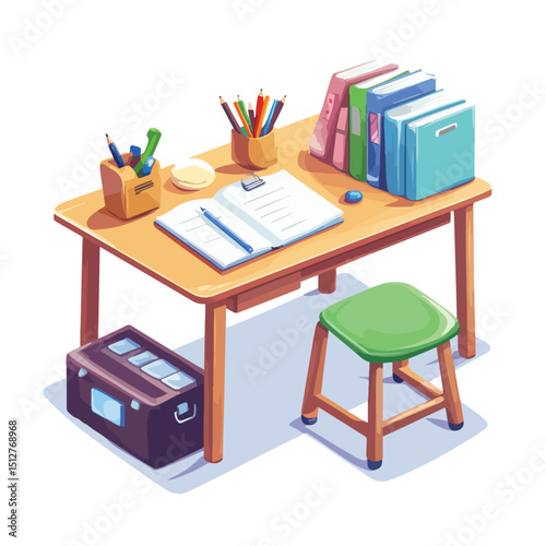 Educational School Desk Vector Illustration with Learning Elements Isolated on White Background