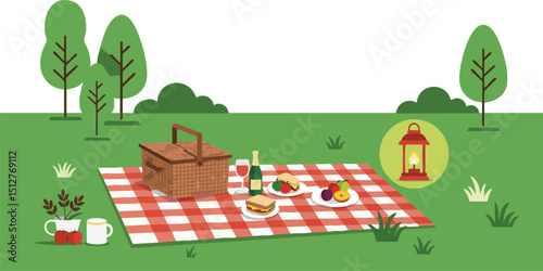 Picnic scene with basket lantern and red checkered blanket in green park outdoor setting vector illustration 