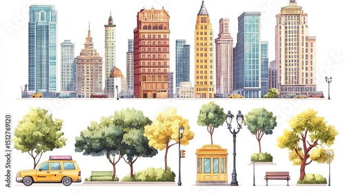 Urban cityscape illustration with buildings, trees, and street furniture