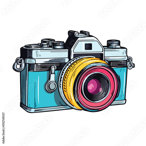 Detailed Sketch of Color Silhouette Analog Camera with Flash for Photography Enthusiasts and Designers
