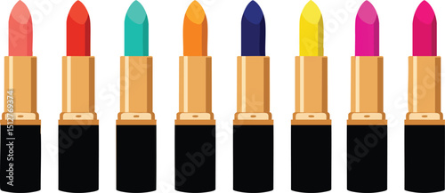 Colorful lipstick set with eight vibrant shades in gold and black tubes vector illustration for beauty and makeup design 