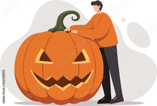 Man carving large jack o lantern pumpkin for Halloween autumn celebration spooky decoration vector illustration 