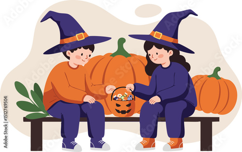 Children carving pumpkin together in Halloween costumes with orange and purple clothes and witch hats vector illustration 