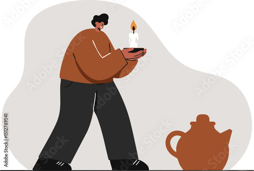 Man carrying candlelight in brown sweater walking near teapot vector illustration