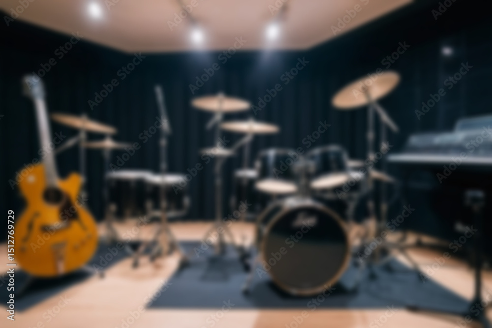 Obraz premium Blurred music studio interior, featuring musical instruments such as guitars and drums neatly lined up, modern classical theme, blurred music studio background.