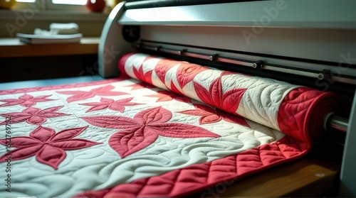 Automated quilting machine crafting intricate red and white patterned textile.