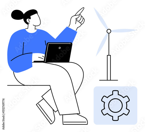 Person seated with a laptop pointing towards wind turbine and a gear. Ideal for sustainability, renewable energy, clean technology, innovation, engineering, eco-solutions, simple landing page