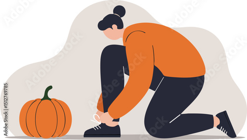 Person in orange sweater tying shoelaces near pumpkin autumn season vector illustration 